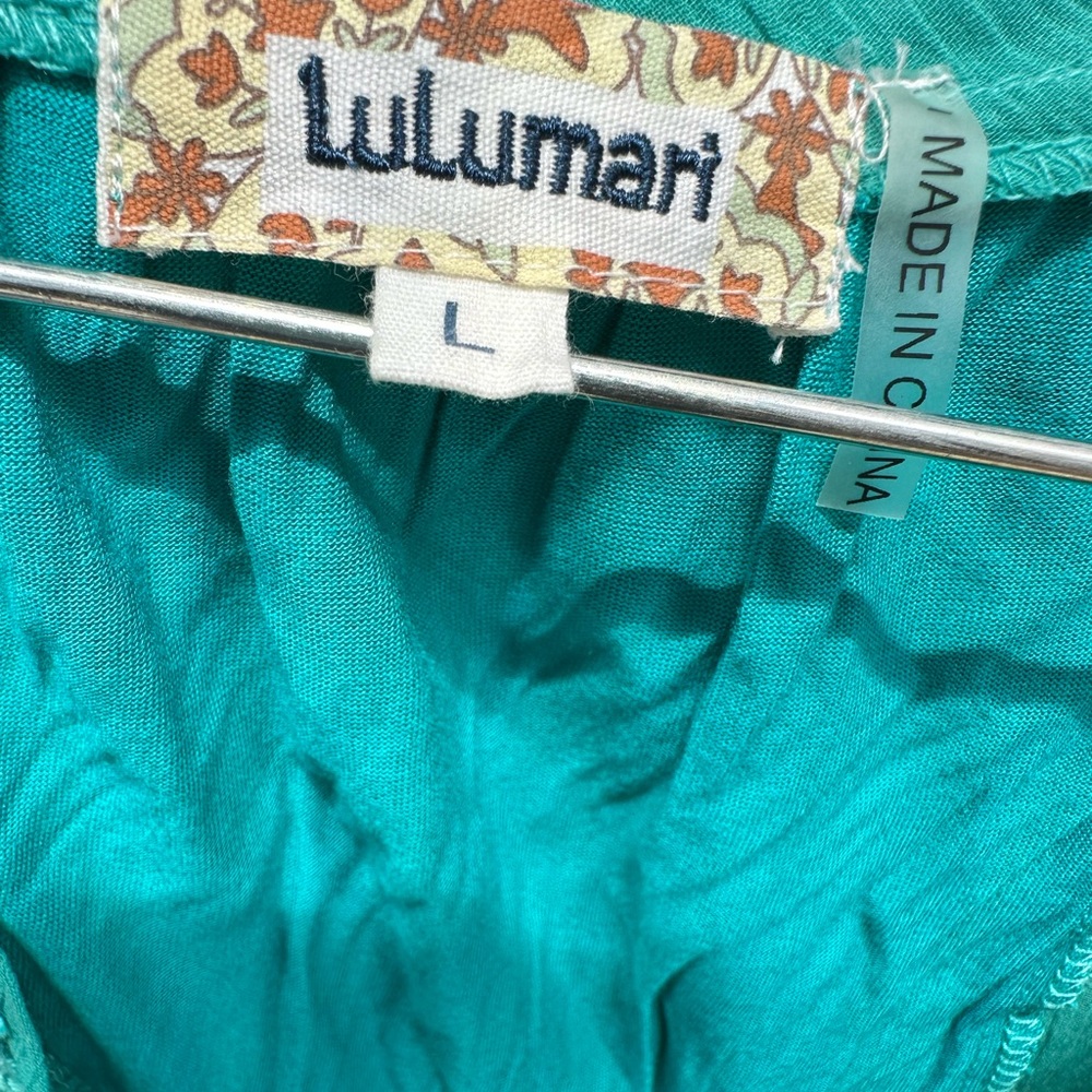 Lulumari NWOT Turquoise Yellow Green Top Shirt Appliqué Embroidered Large - Picture 13 of 13
